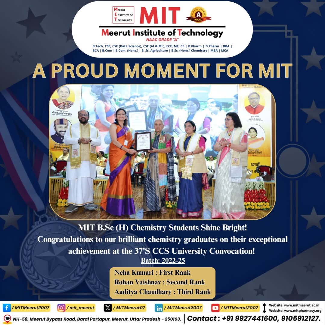 B.Sc (H) Chemistry students have made us proud by securing top ranks at the 37th CCS University Convocation ??  ? Neha Kumari – First Rank ? Rohan Vaishnav – Second Rank ? Aaditya Chaudhary – Third Rank