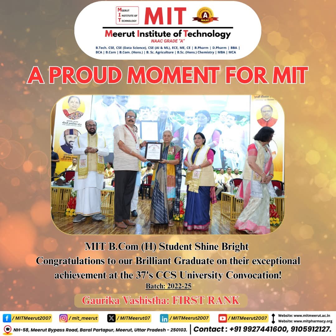 Gaurika Vashistha (B.Com Hons., Batch 2022–25) has secured FIRST RANK at the 37th CCS University Convocation